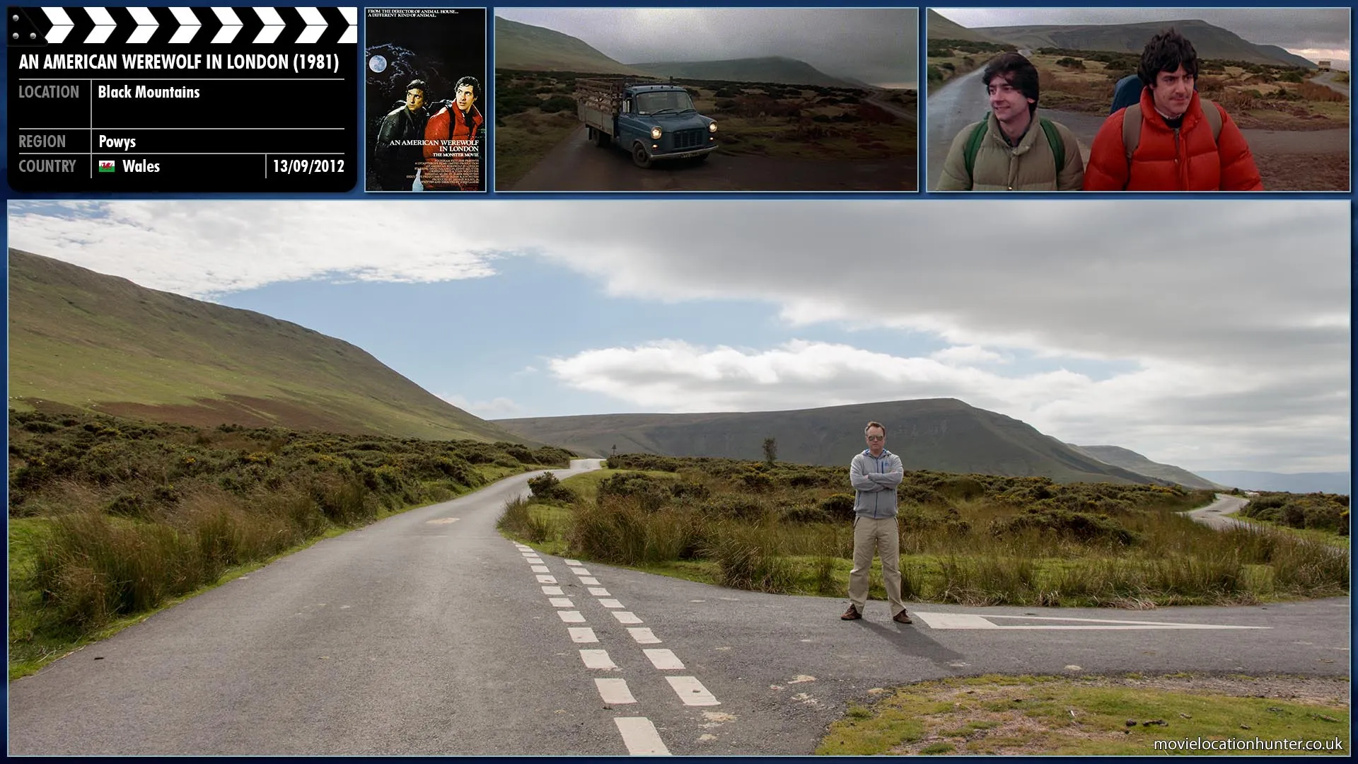 Filming location photo, shot in Wales, for An American Werewolf in London (1981). Scene description: Hiking on a road on the Yorkshire moors of Northern England, American college students David Kessler (David Naughton) and Jack Goodman (Griffin Dunne) are dropped off by a local farmer.