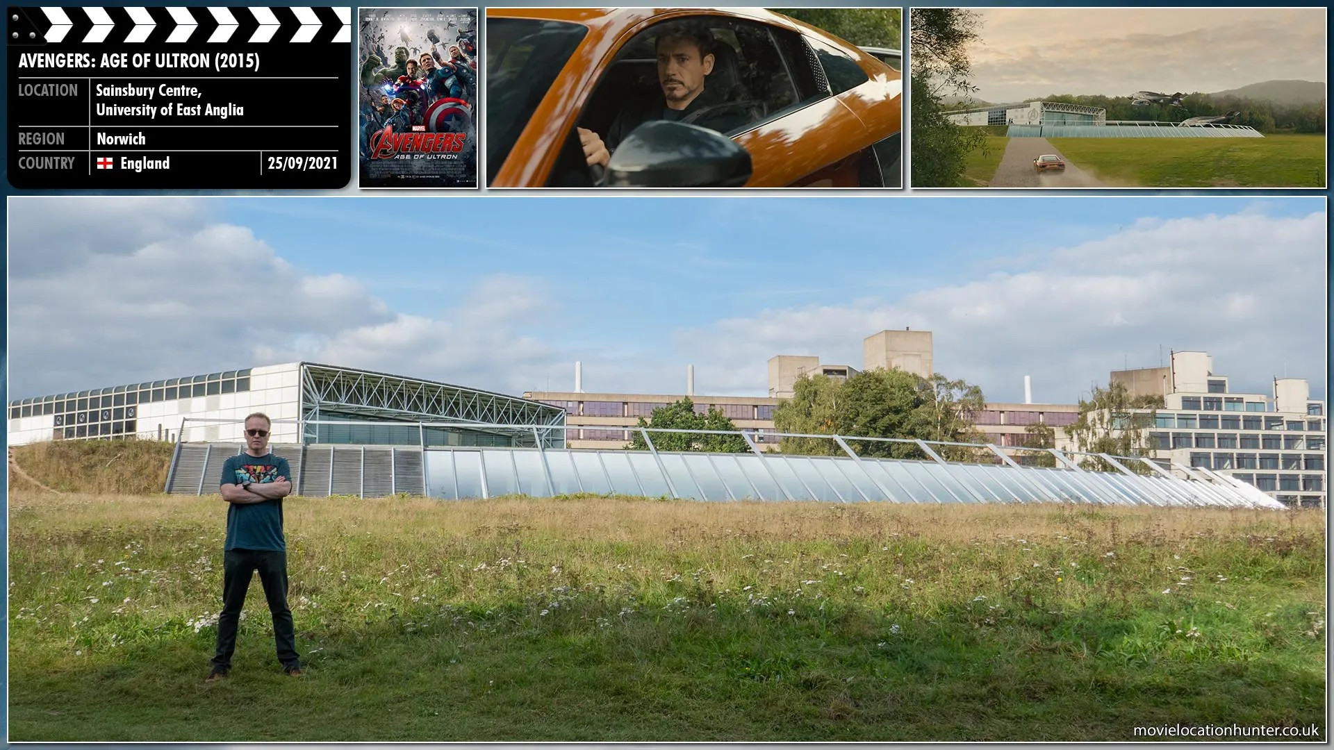Filming location photo, shot in England, for Avengers: Age of Ultron (2015). Scene description: Tony Stark (Robert Downey Jr.) arrives by car to the new Avengers base.