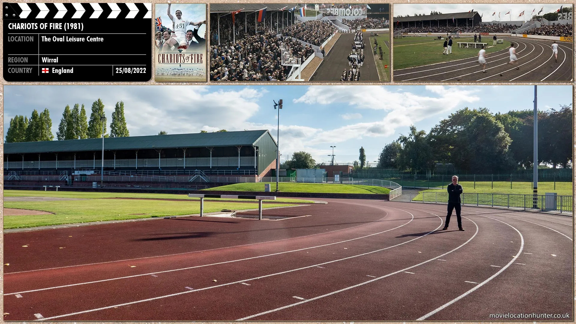 Filming location photo, shot in England, for Chariots of Fire (1981). Scene description: Not running his normal race the American runners don't consider Eric (Ian Charleson) a threat.  On the final bend, Eric hurls himself up the final straight.  The American's realising he's not slowing, attempt to pick up pace but can make no impression. Eric sweeps through to a magnificent victory.