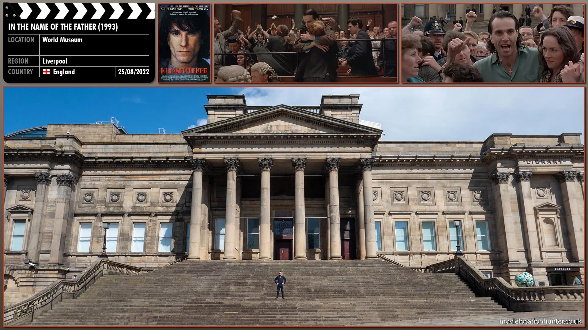 Filming location photo, shot in England, for In the Name of the Father (1993). Scene description: Gerry (Daniel Day-Lewis), standing with his family, makes a statement to the media in front of the court building saying he'll carry on the campaign to clear his father's name.