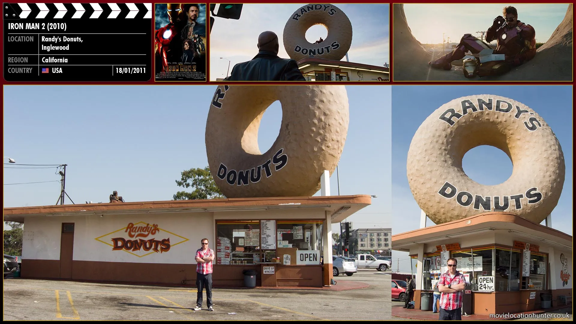 Filming location photo, shot in USA, for Iron Man 2 (2010). Scene description: The next day, Tony (Robert Downey Jr.) is at the famous Los Angeles landmark doughnut shop Randy's Doughnuts, sitting in the Iron Man suit atop the famous giant plastered doughnut. Disgraced and hungover, Tony is approached by SHIELD director Nick Fury (Samuel L. Jackson), who tells Stark that despite the problems he's having with the government and his drunken Iron Man antics, which are the least of his worries; Fury has an issue to deal with in the Southwest United States.
