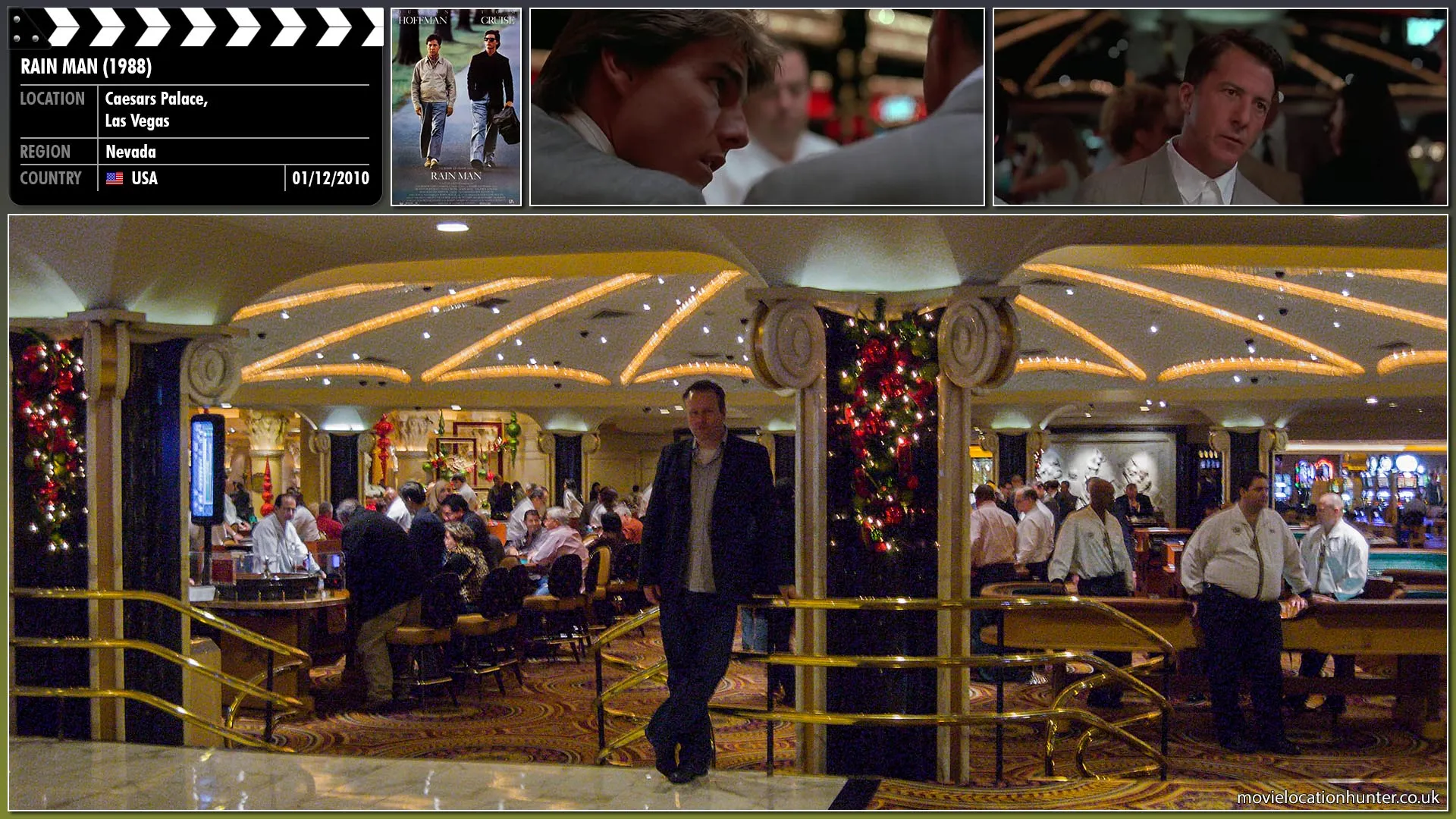 Filming location photo, shot in USA, for Rain Man (1988). Scene description: Casino bosses are skeptical that anyone can count cards with a six deck shoe, and after reviewing security footage, they ask Charlie (Tom Cruise) and Raymond (Dustin Hoffman) to leave. However, the casino bosses allow Charlie to keep the money.