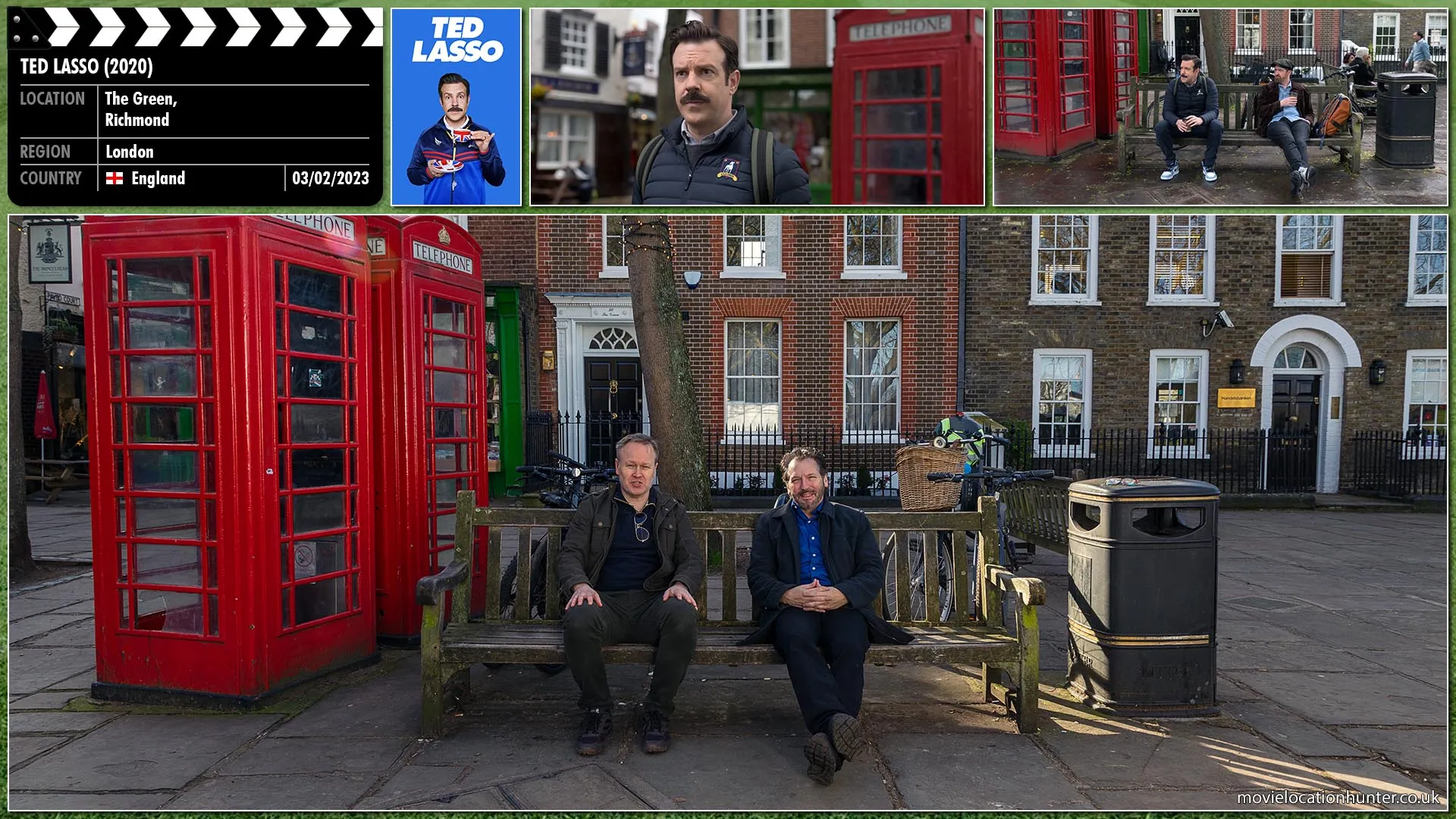 Filming location photo, shot in England, for Ted Lasso (2020). Scene description: Ted (Jason Sudeikis) leaves his apartment, and the locals are reading the sports headlines and glaring at him as he walks by.  He stands exasperated when he suddenly hears the reassuring voice of Coach Beard (Brendan Hunt) sitting on a bench with two coffees.