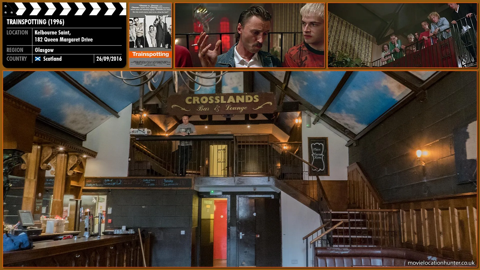 Filming location photo, shot in Scotland, for Trainspotting (1996). Scene description: Begbie (Robert Carlyle) walks down the stairs into the main bar and announces that no one needs to try and find out who threw the glass from the balcony above because it was him.