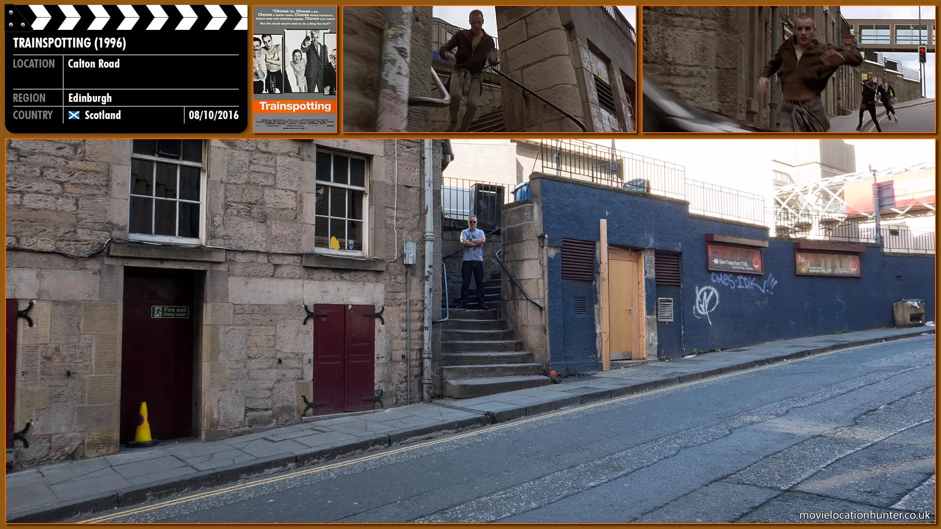 Filming location photo, shot in Scotland, for Trainspotting (1996). Scene description: Renton (Ewan McGregor) and Spud (Ewen Bremner) run down some steps pursued by store security guards.