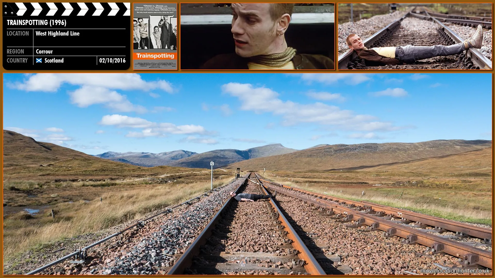 Filming location photo, shot in Scotland, for Trainspotting (1996). Scene description: Spud (Ewen Bremner), Tommy (Kevin McKidd) and Sick Boy (Jonny Lee Miller) tie Renton (Ewan McGregor) to the track and run off.  scene was never used in the movie but instead in the teaser trailer.